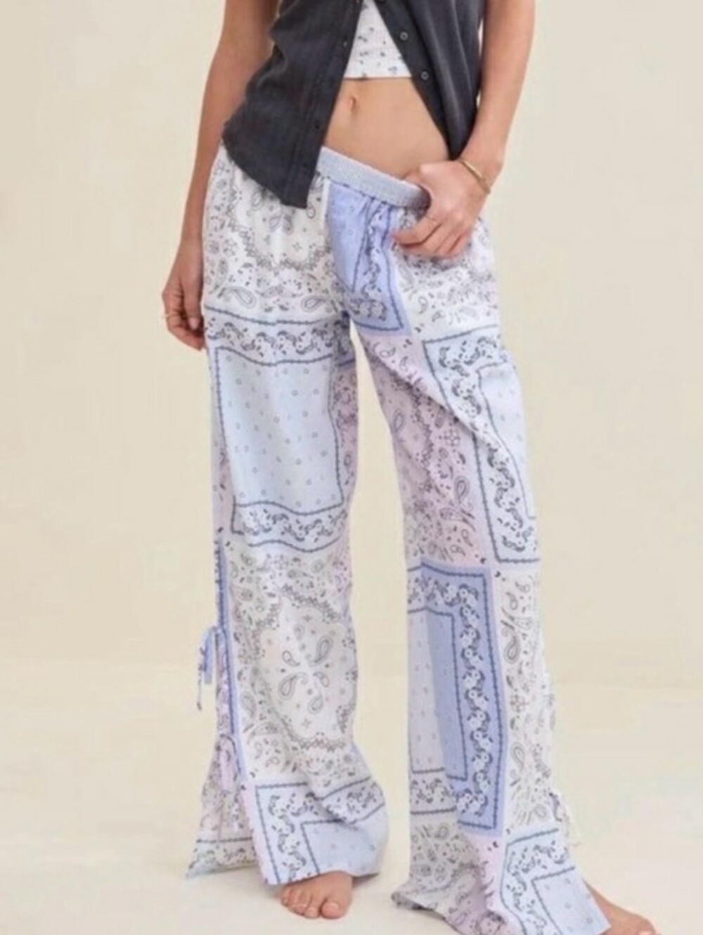 Aerie Off Duty Seersucker Side Tie Trouser Pj Wide Leg Pants Large